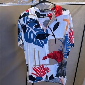 Express Floral Leaf Print Button-Up Shirt - White, Blue, Red, Black